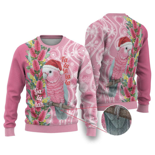 Australia Pink Galah Christmas Ugly Christmas Sweater Falalalala Galalah Bottlebrush Aboriginal Art - Aussie Hoodie