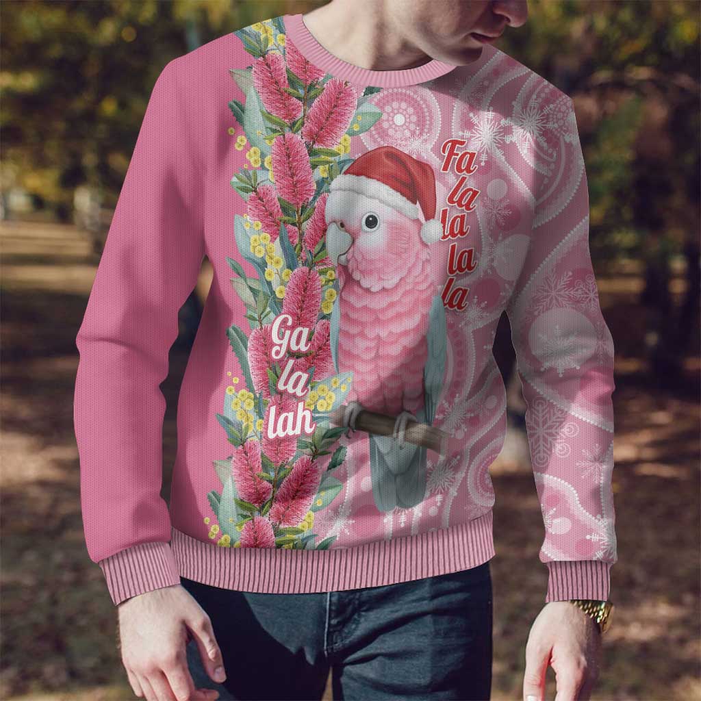 Australia Pink Galah Christmas Ugly Christmas Sweater Falalalala Galalah Bottlebrush Aboriginal Art - Aussie Hoodie