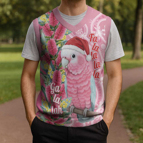 Australia Pink Galah Christmas Knitted V-Neck Vest Falalalala Galalah Bottlebrush Aboriginal Art - Aussie Hoodie