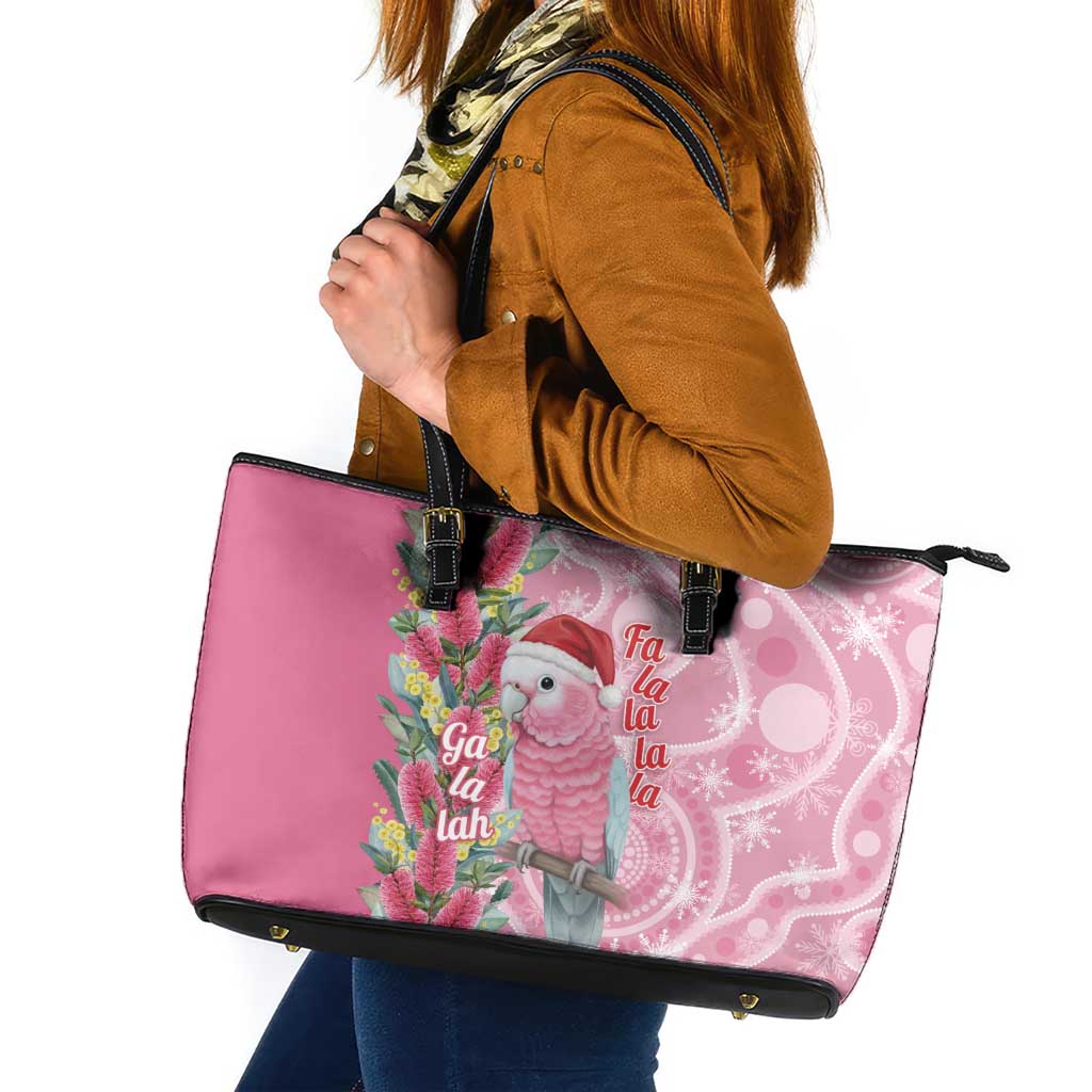 Australia Pink Galah Christmas Leather Tote Bag Falalalala Galalah Bottlebrush Aboriginal Art - Aussie Hoodie