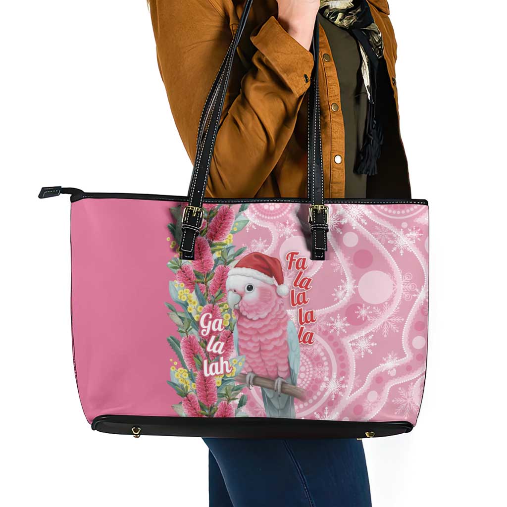 Australia Pink Galah Christmas Leather Tote Bag Falalalala Galalah Bottlebrush Aboriginal Art - Aussie Hoodie
