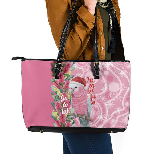 Australia Pink Galah Christmas Leather Tote Bag Falalalala Galalah Bottlebrush Aboriginal Art - Aussie Hoodie