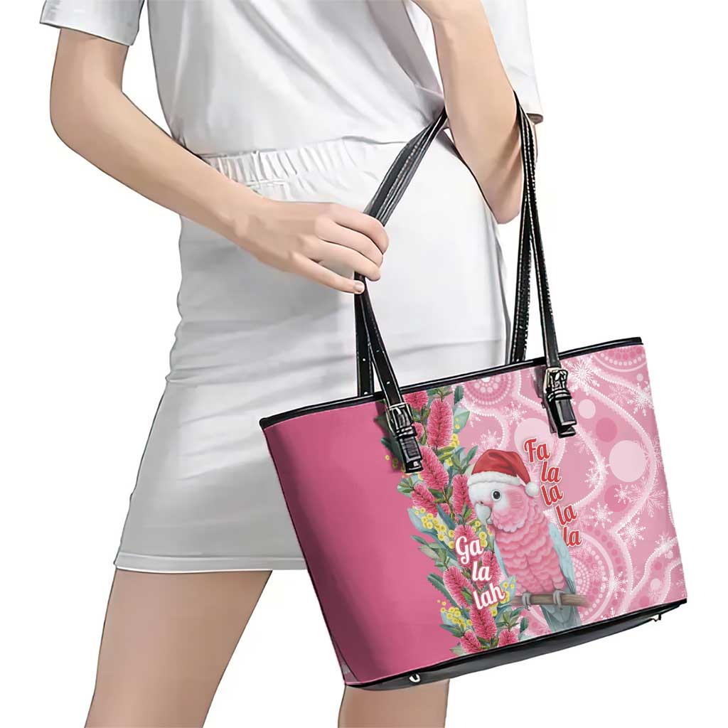 Australia Pink Galah Christmas Leather Tote Bag Falalalala Galalah Bottlebrush Aboriginal Art - Aussie Hoodie