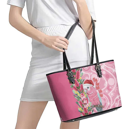 Australia Pink Galah Christmas Leather Tote Bag Falalalala Galalah Bottlebrush Aboriginal Art - Aussie Hoodie