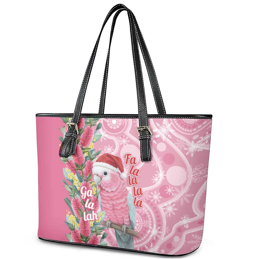 Australia Pink Galah Christmas Leather Tote Bag Falalalala Galalah Bottlebrush Aboriginal Art - Aussie Hoodie