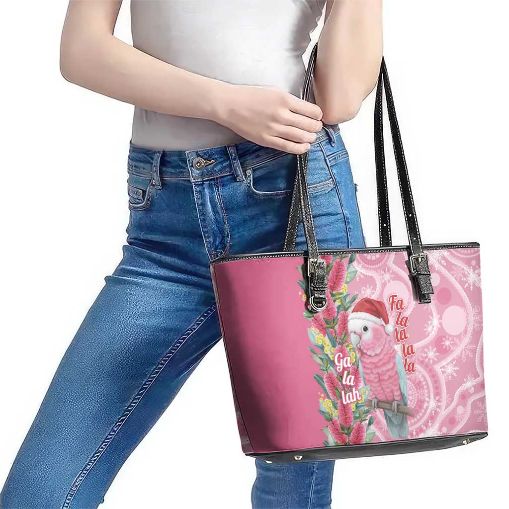 Australia Pink Galah Christmas Leather Tote Bag Falalalala Galalah Bottlebrush Aboriginal Art - Aussie Hoodie