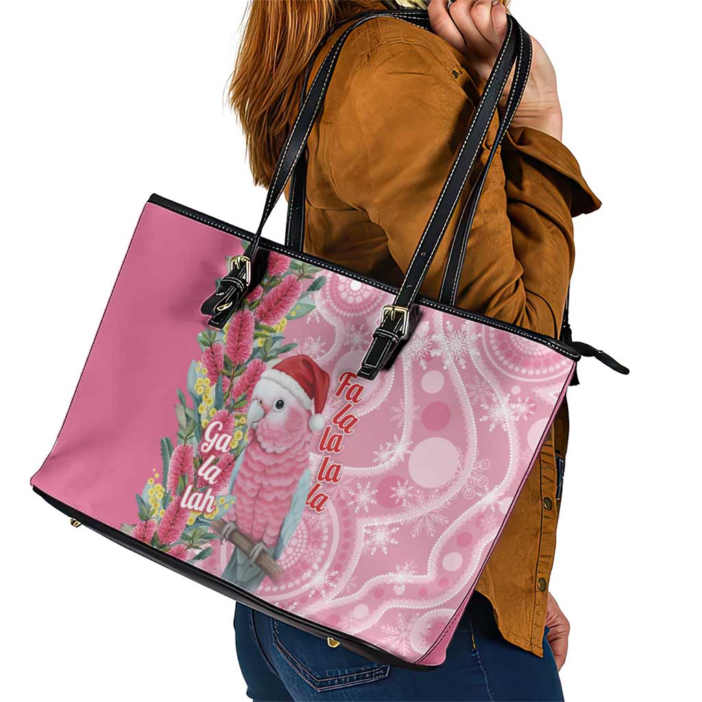 Australia Pink Galah Christmas Leather Tote Bag Falalalala Galalah Bottlebrush Aboriginal Art - Aussie Hoodie
