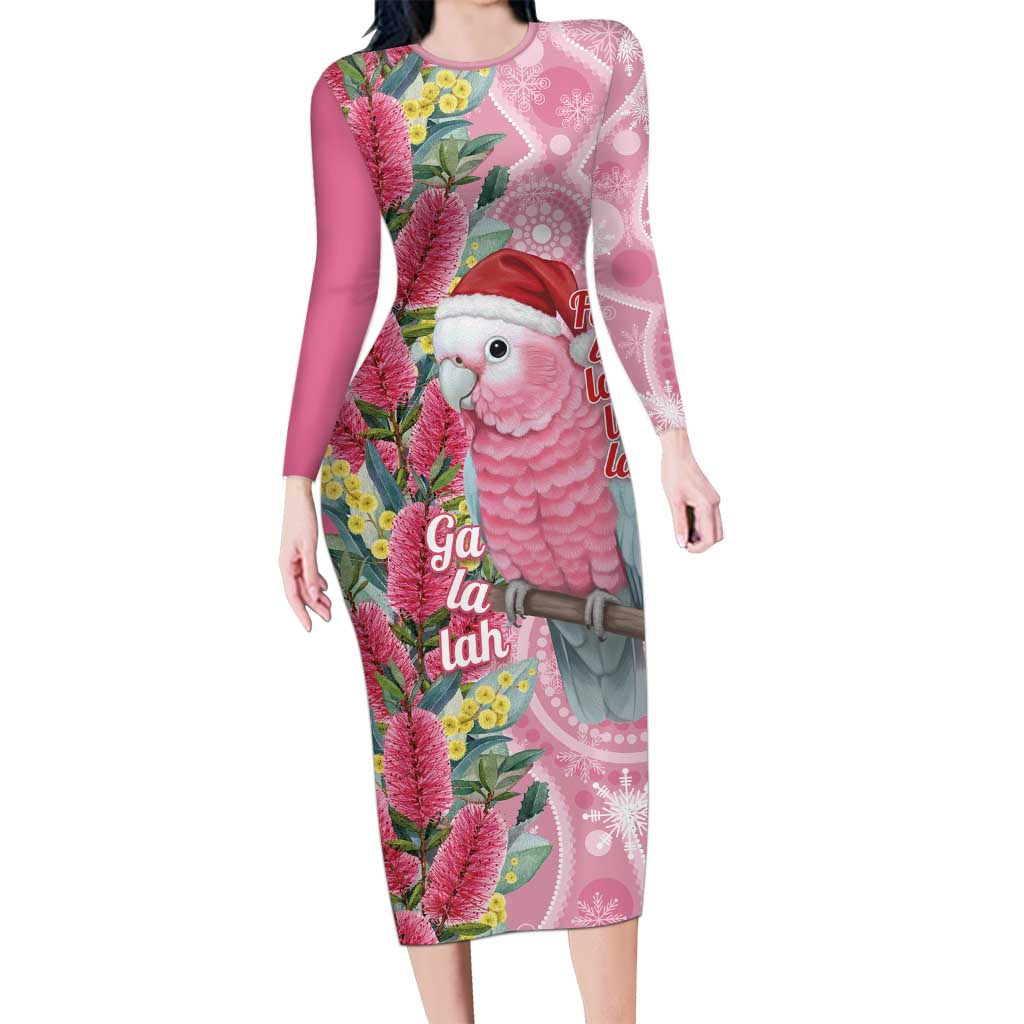 Australia Pink Galah Christmas Long Sleeve Bodycon Dress Falalalala Galalah Bottlebrush Aboriginal Art - Aussie Hoodie