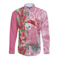 Australia Pink Galah Christmas Long Sleeve Button Shirt Falalalala Galalah Bottlebrush Aboriginal Art - Aussie Hoodie