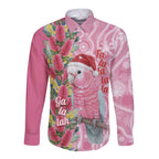 Australia Pink Galah Christmas Long Sleeve Button Shirt Falalalala Galalah Bottlebrush Aboriginal Art - Aussie Hoodie