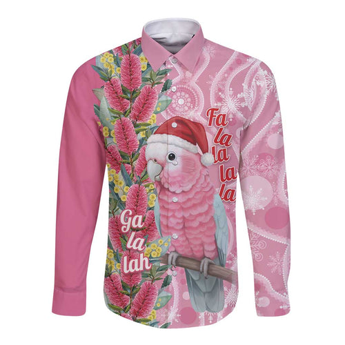 Australia Pink Galah Christmas Long Sleeve Button Shirt Falalalala Galalah Bottlebrush Aboriginal Art - Aussie Hoodie