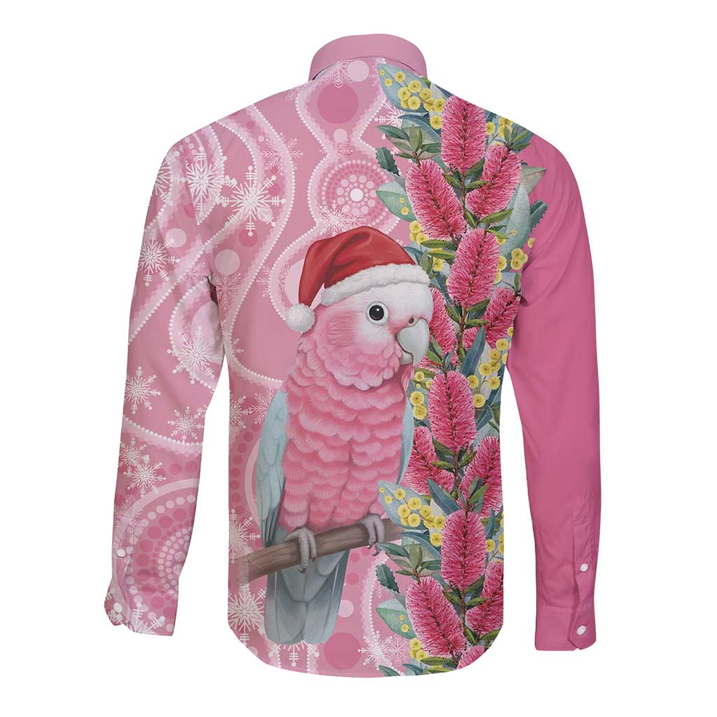 Australia Pink Galah Christmas Long Sleeve Button Shirt Falalalala Galalah Bottlebrush Aboriginal Art - Aussie Hoodie