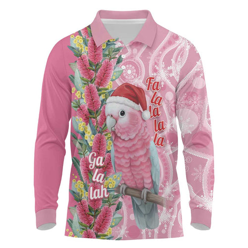 Australia Pink Galah Christmas Long Sleeve Polo Shirt Falalalala Galalah Bottlebrush Aboriginal Art - Aussie Hoodie