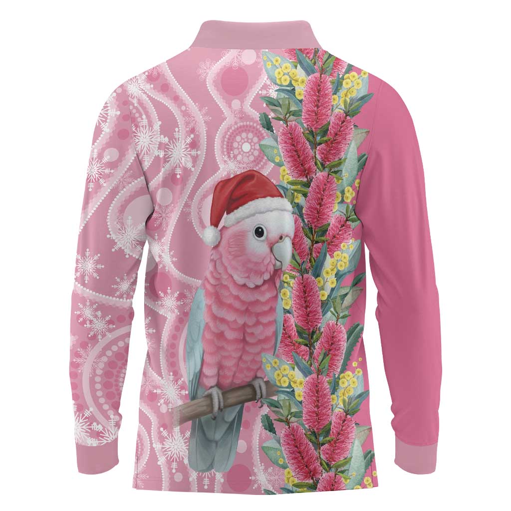 Australia Pink Galah Christmas Long Sleeve Polo Shirt Falalalala Galalah Bottlebrush Aboriginal Art - Aussie Hoodie