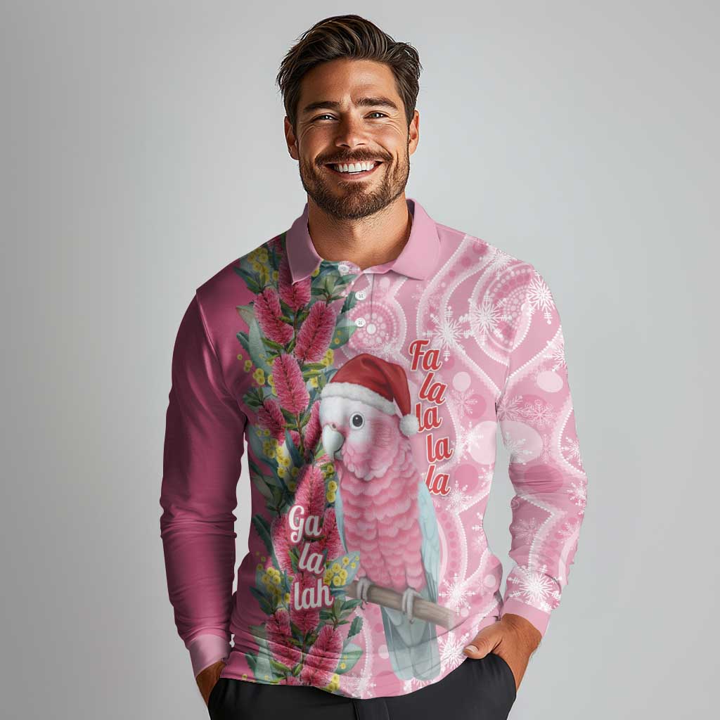 Australia Pink Galah Christmas Long Sleeve Polo Shirt Falalalala Galalah Bottlebrush Aboriginal Art - Aussie Hoodie