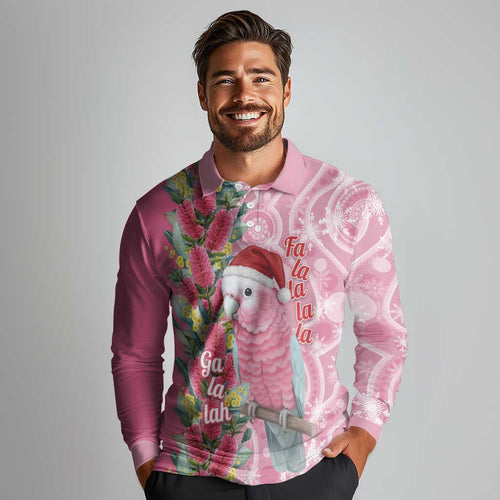 Australia Pink Galah Christmas Long Sleeve Polo Shirt Falalalala Galalah Bottlebrush Aboriginal Art - Aussie Hoodie