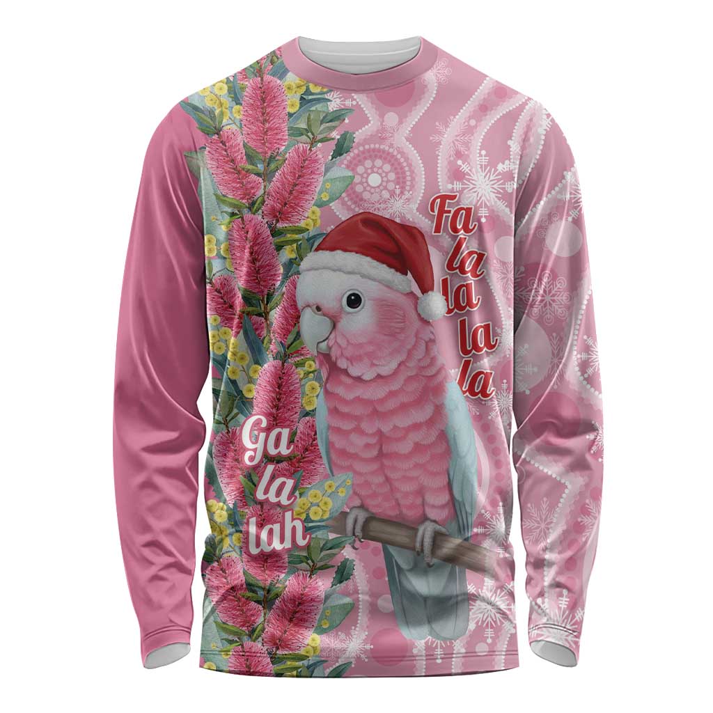 Australia Pink Galah Christmas Long Sleeve Shirt Falalalala Galalah Bottlebrush Aboriginal Art - Aussie Hoodie