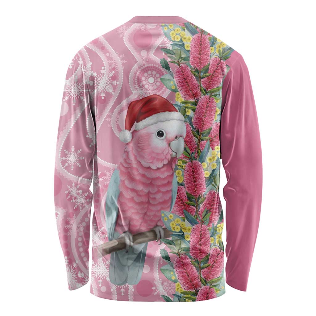 Australia Pink Galah Christmas Long Sleeve Shirt Falalalala Galalah Bottlebrush Aboriginal Art - Aussie Hoodie