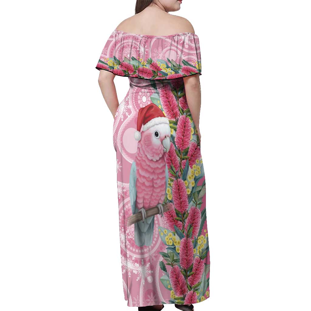 Australia Pink Galah Christmas Off Shoulder Maxi Dress Falalalala Galalah Bottlebrush Aboriginal Art - Aussie Hoodie