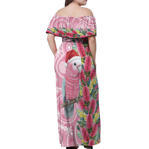 Australia Pink Galah Christmas Off Shoulder Maxi Dress Falalalala Galalah Bottlebrush Aboriginal Art - Aussie Hoodie