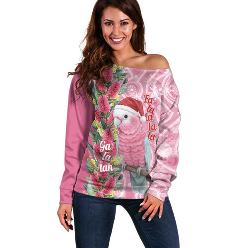Australia Pink Galah Christmas Off Shoulder Sweater Falalalala Galalah Bottlebrush Aboriginal Art - Aussie Hoodie