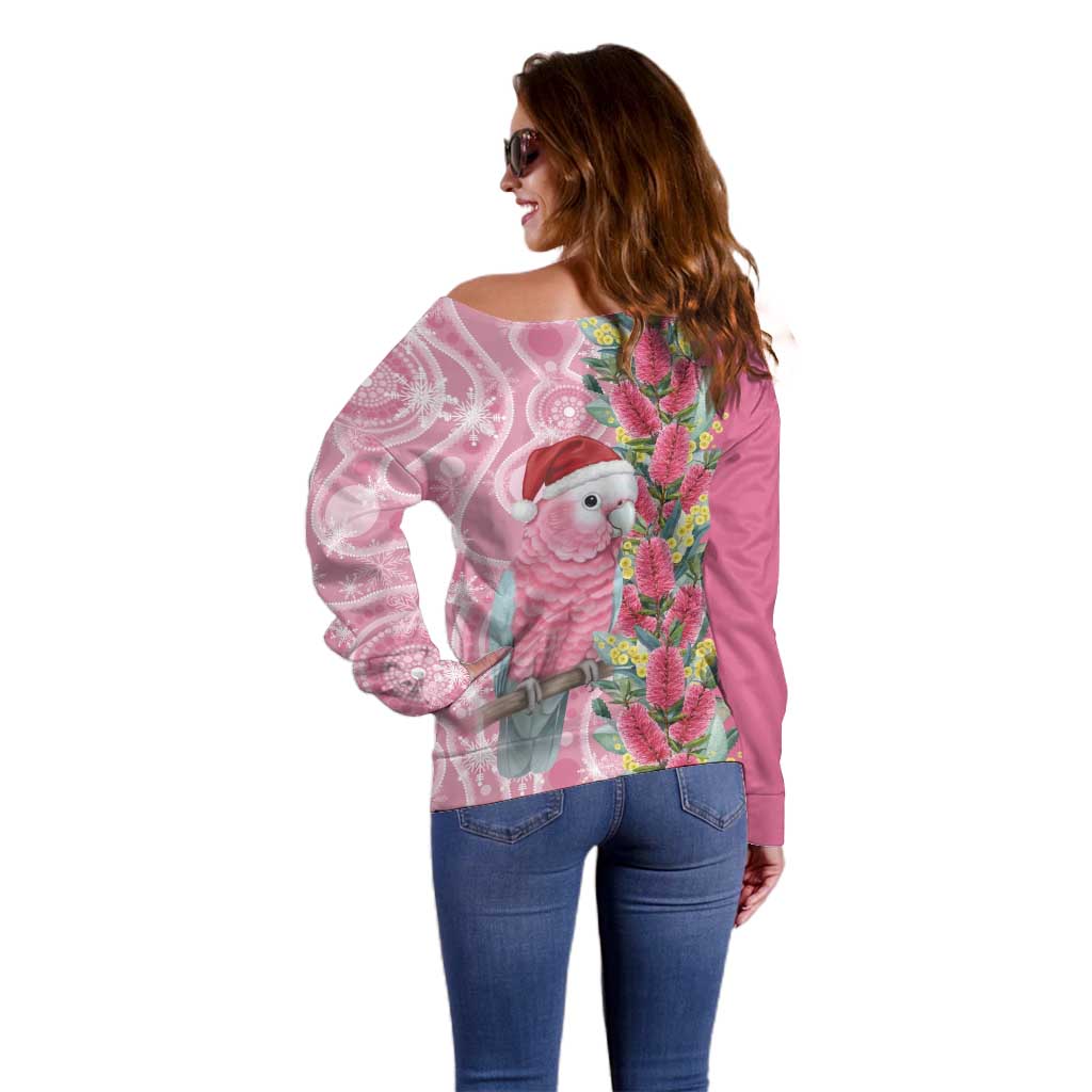 Australia Pink Galah Christmas Off Shoulder Sweater Falalalala Galalah Bottlebrush Aboriginal Art - Aussie Hoodie