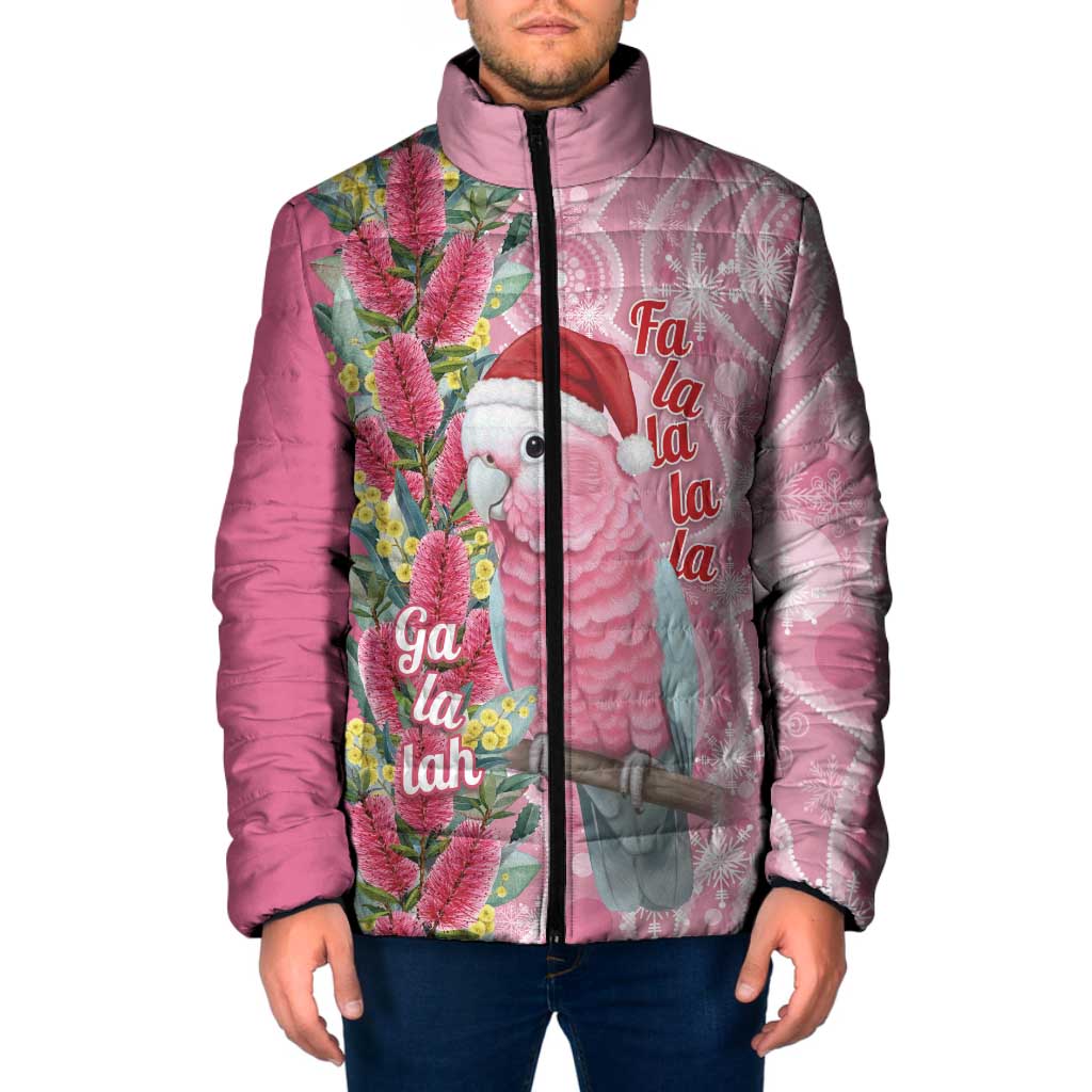 Australia Pink Galah Christmas Padded Jacket Falalalala Galalah Bottlebrush Aboriginal Art - Aussie Hoodie