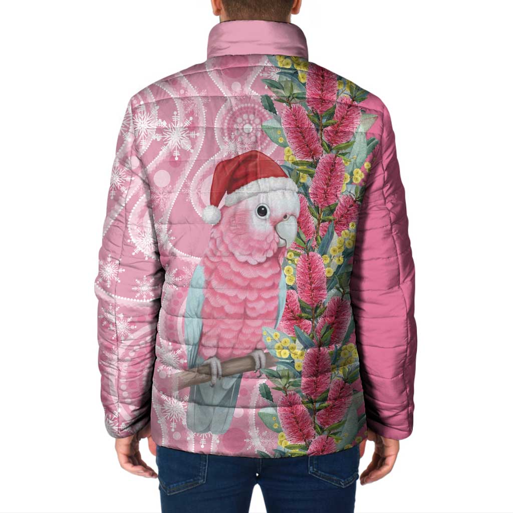 Australia Pink Galah Christmas Padded Jacket Falalalala Galalah Bottlebrush Aboriginal Art - Aussie Hoodie