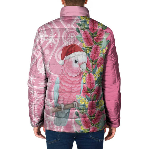 Australia Pink Galah Christmas Padded Jacket Falalalala Galalah Bottlebrush Aboriginal Art - Aussie Hoodie