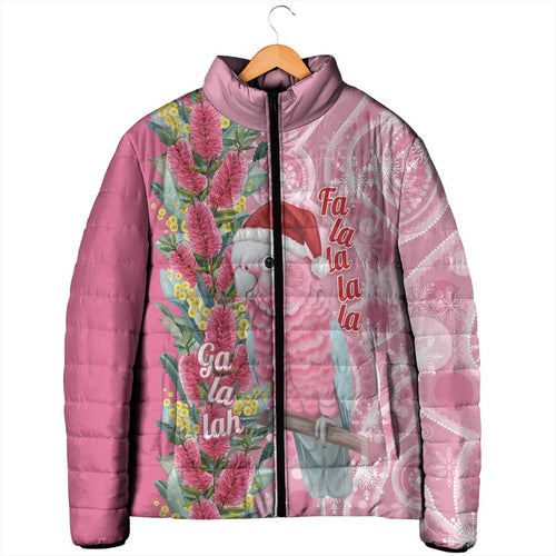 Australia Pink Galah Christmas Padded Jacket Falalalala Galalah Bottlebrush Aboriginal Art - Aussie Hoodie