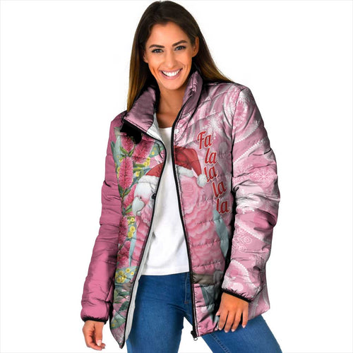 Australia Pink Galah Christmas Padded Jacket Falalalala Galalah Bottlebrush Aboriginal Art - Aussie Hoodie