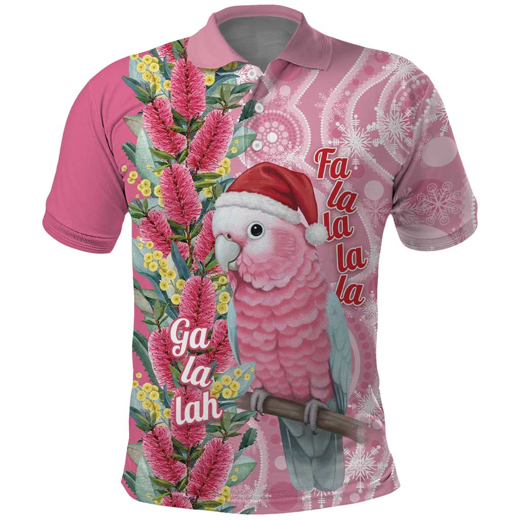 Australia Pink Galah Christmas Polo Shirt Falalalala Galalah Bottlebrush Aboriginal Art - Aussie Hoodie
