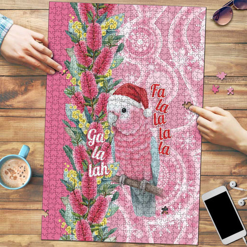 Australia Pink Galah Christmas Puzzle Falalalala Galalah Bottlebrush Aboriginal Art - Aussie Hoodie