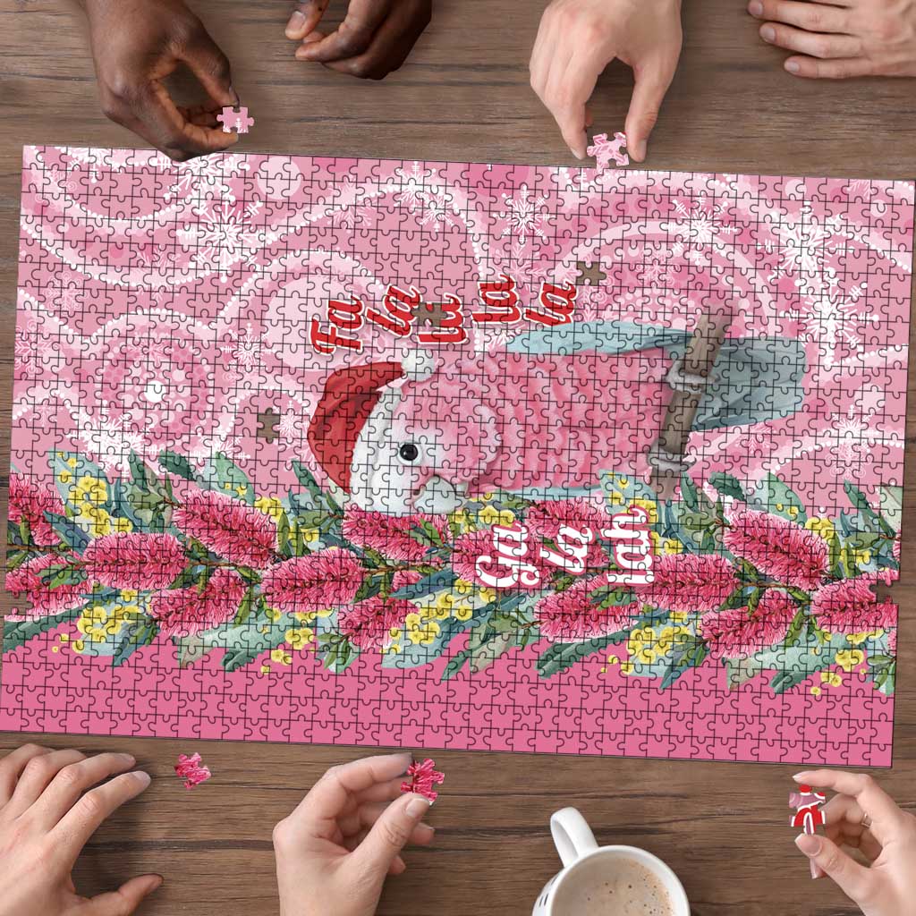 Australia Pink Galah Christmas Puzzle Falalalala Galalah Bottlebrush Aboriginal Art - Aussie Hoodie