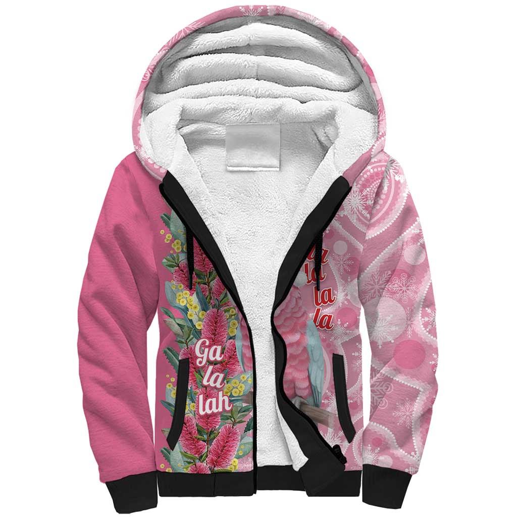 Australia Pink Galah Christmas Sherpa Hoodie Falalalala Galalah Bottlebrush Aboriginal Art - Aussie Hoodie