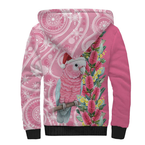 Australia Pink Galah Christmas Sherpa Hoodie Falalalala Galalah Bottlebrush Aboriginal Art - Aussie Hoodie