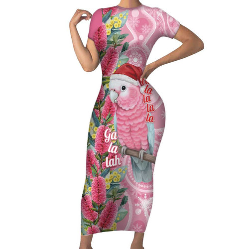Australia Pink Galah Christmas Short Sleeve Bodycon Dress Falalalala Galalah Bottlebrush Aboriginal Art - Aussie Hoodie