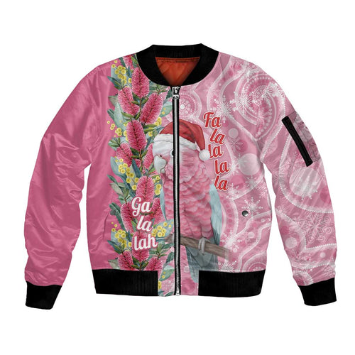 Australia Pink Galah Christmas Sleeve Zip Bomber Jacket Falalalala Galalah Bottlebrush Aboriginal Art - Aussie Hoodie