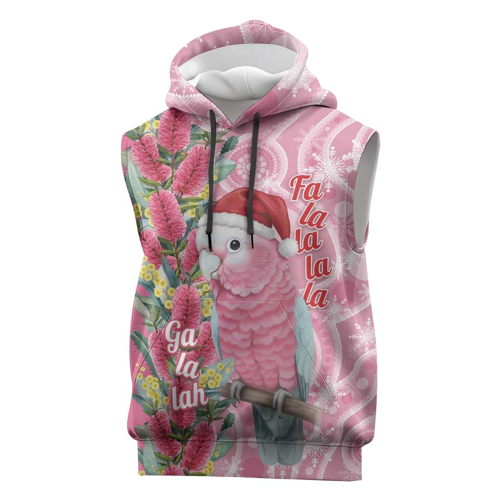 Australia Pink Galah Christmas Sleeveless Hoodie Falalalala Galalah Bottlebrush Aboriginal Art - Aussie Hoodie