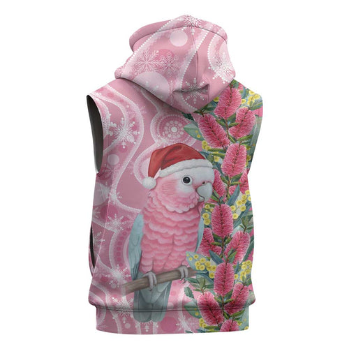 Australia Pink Galah Christmas Sleeveless Hoodie Falalalala Galalah Bottlebrush Aboriginal Art - Aussie Hoodie