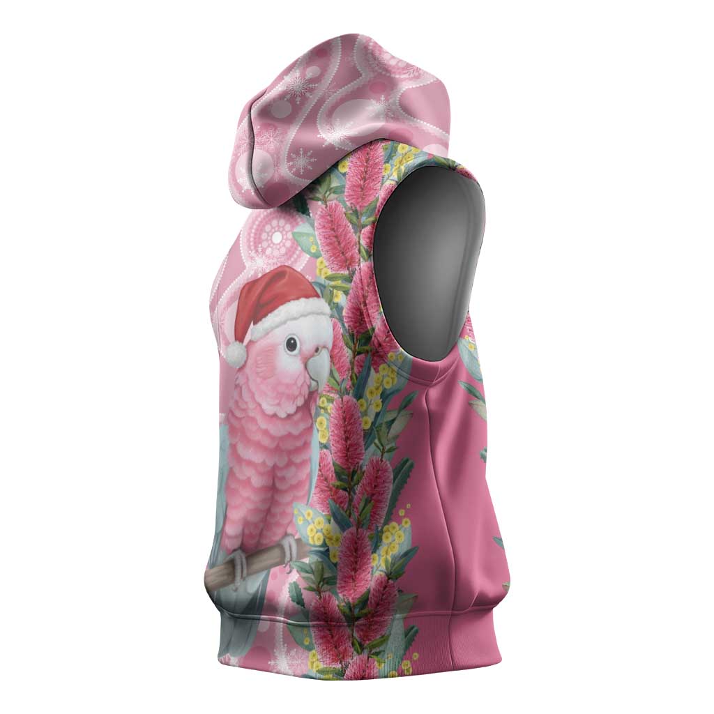 Australia Pink Galah Christmas Sleeveless Hoodie Falalalala Galalah Bottlebrush Aboriginal Art - Aussie Hoodie