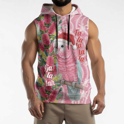 Australia Pink Galah Christmas Sleeveless Hoodie Falalalala Galalah Bottlebrush Aboriginal Art - Aussie Hoodie