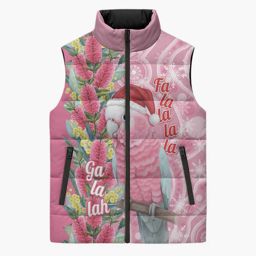 Australia Pink Galah Christmas Sleeveless Puffer Jacket Falalalala Galalah Bottlebrush Aboriginal Art - Aussie Hoodie