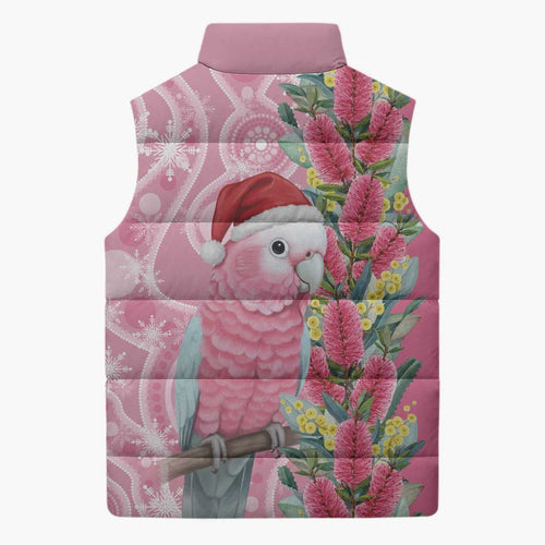 Australia Pink Galah Christmas Sleeveless Puffer Jacket Falalalala Galalah Bottlebrush Aboriginal Art - Aussie Hoodie