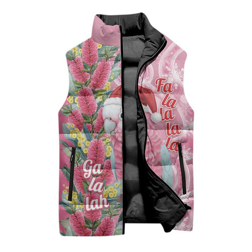 Australia Pink Galah Christmas Sleeveless Puffer Jacket Falalalala Galalah Bottlebrush Aboriginal Art - Aussie Hoodie