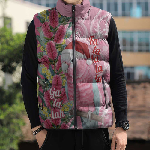 Australia Pink Galah Christmas Sleeveless Puffer Jacket Falalalala Galalah Bottlebrush Aboriginal Art - Aussie Hoodie