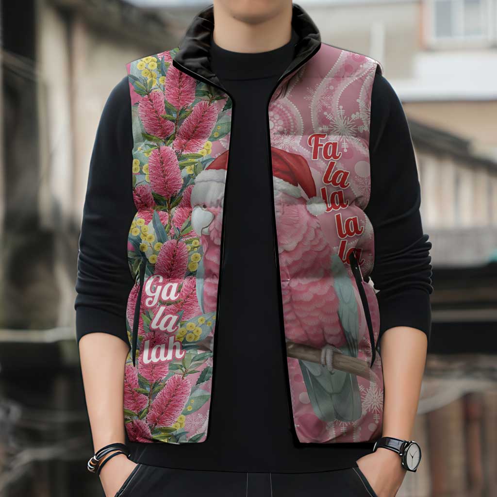 Australia Pink Galah Christmas Sleeveless Puffer Jacket Falalalala Galalah Bottlebrush Aboriginal Art - Aussie Hoodie