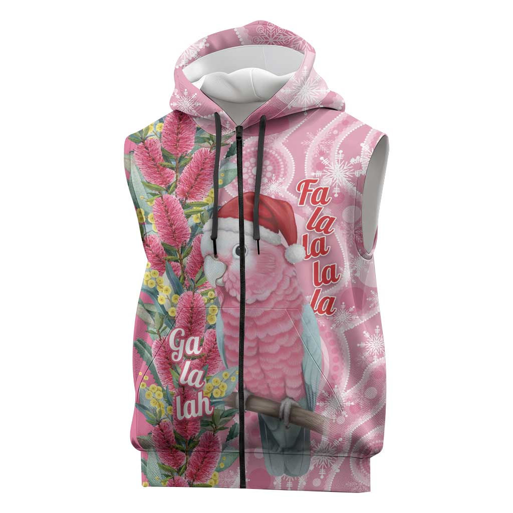 Australia Pink Galah Christmas Sleeveless Zip Hoodie Falalalala Galalah Bottlebrush Aboriginal Art LT14