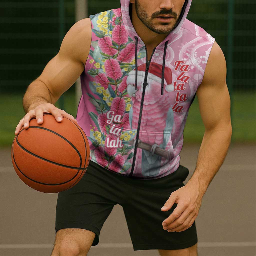 Australia Pink Galah Christmas Sleeveless Zip Hoodie Falalalala Galalah Bottlebrush Aboriginal Art LT14