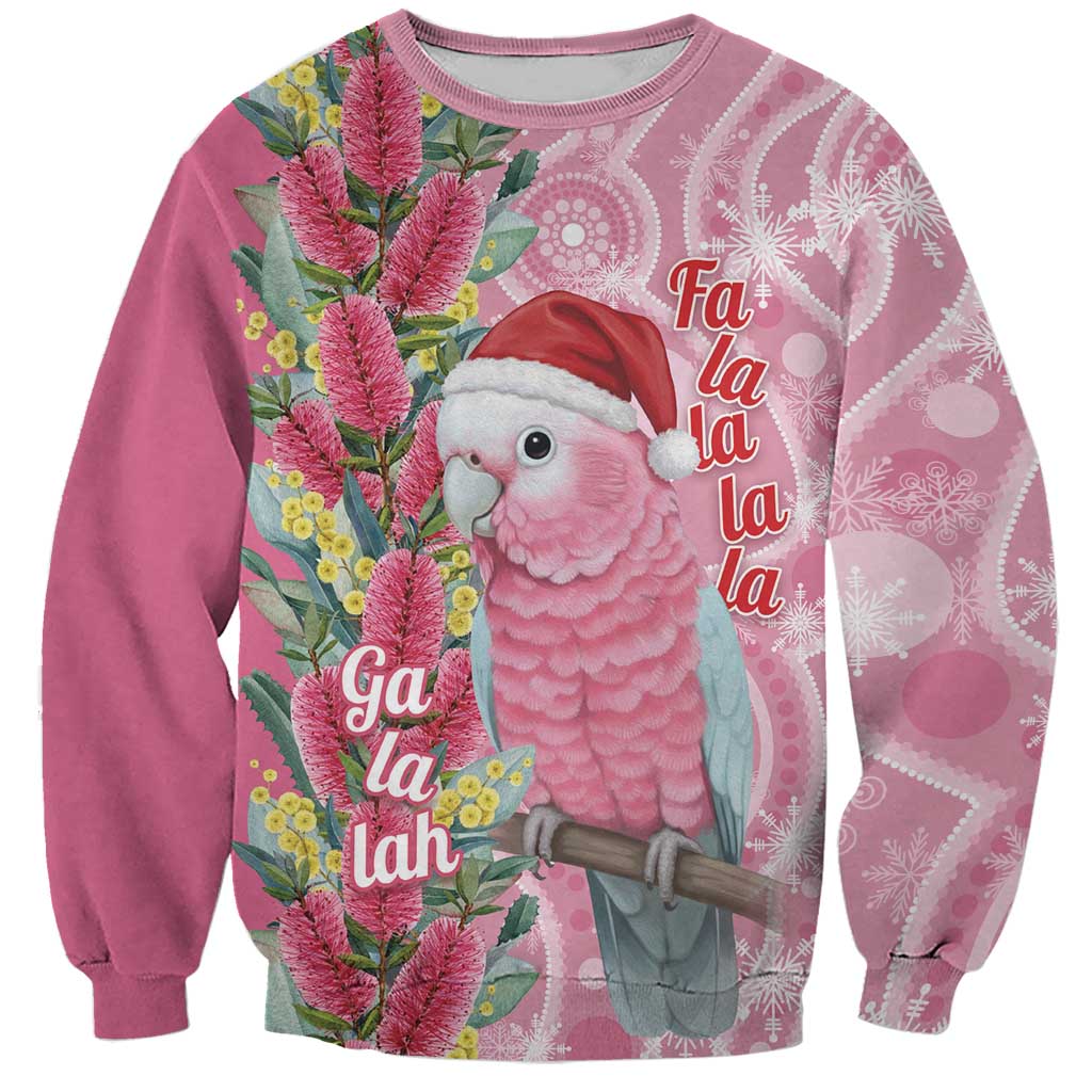 Australia Pink Galah Christmas Sweatshirt Falalalala Galalah Bottlebrush Aboriginal Art - Aussie Hoodie